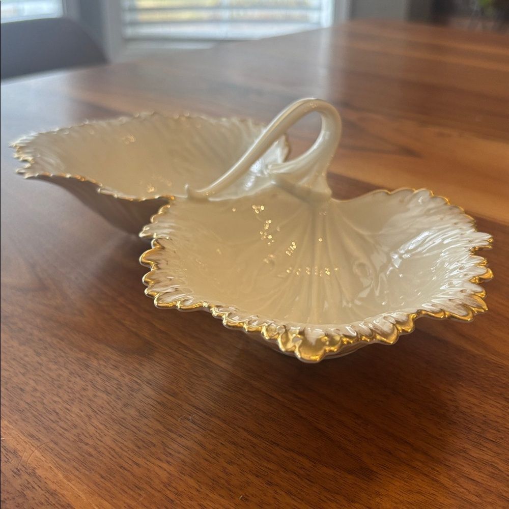 Lenox Double Leaf Leaves Cream Gold Candy Trinket Catch All Dish Made in USA - Picture 2 of 9